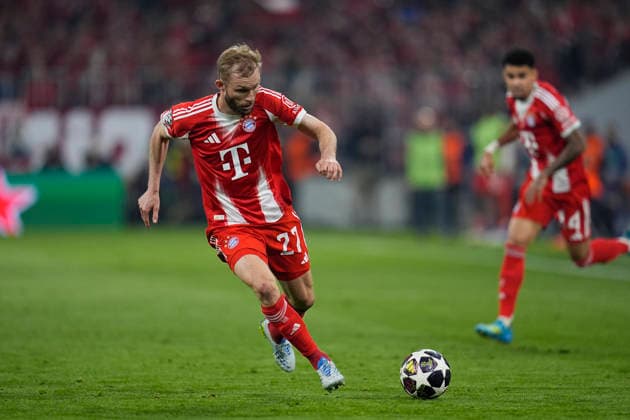 April 15, 2026, Munich, Bavaria, Germany: Konrad Laimer of Bayern Munich in action during the UEFA Champions League 2025 26 Quarter-Final Second Leg match between FC Bayern MoÂ¼nchen and Real Madrid CF at Allianz Arena on April 15, 2026 in Munich, Germany. FC Bayern Munich V Real Madrid CF - UEFA Champions League 2025 26 Quarter-Final Second Leg  - ZUMAa181 20260415_zaa_a181_250 Copyright: xDennisxAgyemanx