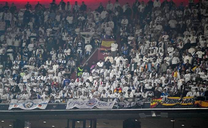 15 04 2026, Football UEFA Championsleague 2025 2026 quarter-final second leg, FC Bayern Munich Real Madrid, in the Allianz Arena Munich, The fans from Madrid DFL and DFB regulations prohibit any use of photographs as image sequences and or quasi video