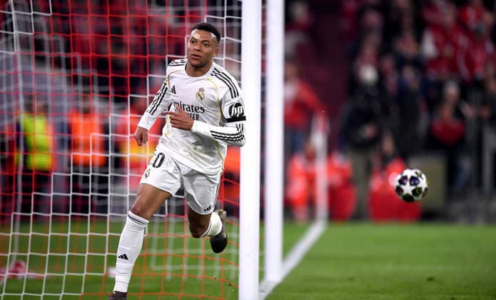 FOOTBALL CHAMPIONS LEAGUE SEASON 2025 2026 Quarter-final second leg 15 04 2026 FC Bayern Muenchen Real Madrid Cheer after scoring 2 3, Kylian Mbappe Real Madrid