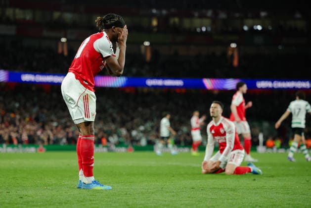 Champions League 2025 26 Quarter Final 2nd Leg Arsenal v Sporting CP Emirates Stadium 15.04.2026 Noni Madueke of Arsenal misses a chance and shows his dejection Champions League 2025 26 Quarter Final 2nd Leg Arsenal v Sporting CP Emirates Stadium 15.04.2026 Photograph By Marc Aspland The Times  Copyright: xMarcxAsplandx NINTCHDBPICT001073763429