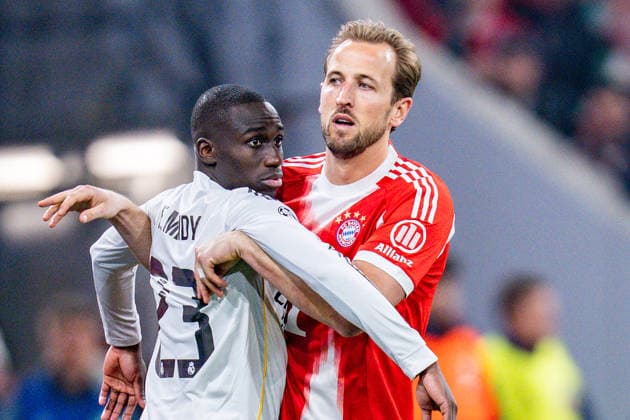 15 04 2026, FC Bayern München vs Real Madrid, UEFA Champions League, quarter-final second leg Harry Kane FC Bayern Muenchen, 9 Ferland Mendy Real Madrid, 23 Regulations prohibit any use of photographs as image sequences and or quasi video Copyright: xBahhoxKarax