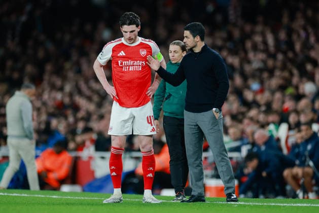 Champions League 2025 26 Quarter Final 2nd Leg Arsenal v Sporting CP Emirates Stadium 15.04.2026 Declan Rice of Arsenal and Arsenal manager Mikel Arteta Champions League 2025 26 Quarter Final 2nd Leg Arsenal v Sporting CP Emirates Stadium 15.04.2026 Photograph By Marc Aspland The Times  Copyright: xMarcxAsplandx NINTCHDBPICT001073763685