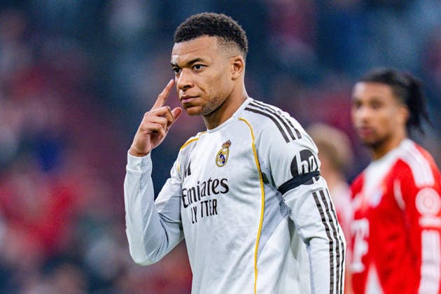 15 04 2026, FC Bayern München vs Real Madrid, UEFA Champions League, quarter-final second leg Kylian Mbappe Real Madrid, 9 Regulations prohibit any use of photographs as image sequences and or quasi video Copyright: xBahhoxKarax