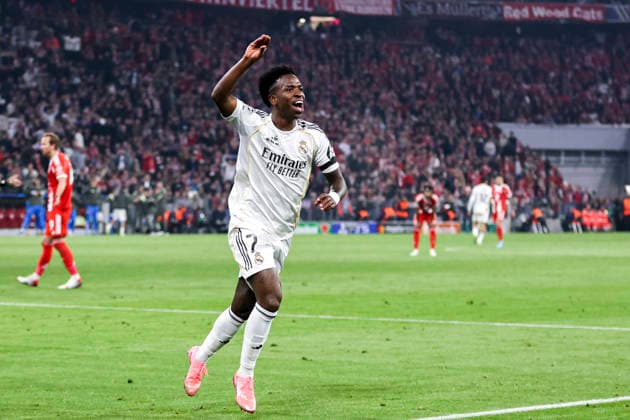 Vinicius Junior celebrating after scoring a goal seen during UEFA Champions League quarterfinal game between teams of FC Bayern Munich and Real Madrid CF at Allianz Arena Germany (Grzegorz Wajda Ball Raw Images) Munich Allianz Arena Germany Copyright: xGrzegorzxWajdax grzegorzwajda_uclquarterfinalbayernreal2526__159