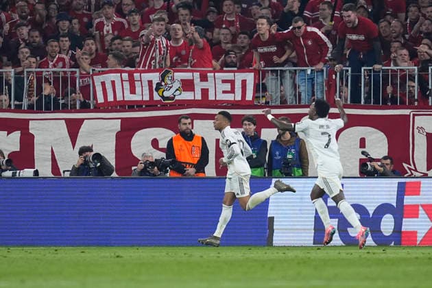 April 15, 2026, Munich, Bavaria, Germany: Kylian Mbappe of Real Madrid CF celebrates a goal during the UEFA Champions League 2025 26 Quarter-Final Second Leg match between FC Bayern MoÂ¼nchen and Real Madrid CF at Allianz Arena on April 15, 2026 in Munich, Germany. FC Bayern Munich V Real Madrid CF - UEFA Champions League 2025 26 Quarter-Final Second Leg  - ZUMAa181 20260415_zaa_a181_261 Copyright: xDennisxAgyemanx