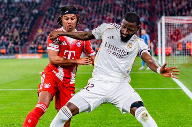 15 04 2026, FC Bayern München vs Real Madrid, UEFA Champions League, quarter-final second leg Serge Gnabry FC Bayern Muenchen, 7 Antonio Rüdiger Real Madrid, 22 Regulations prohibit any use of photographs as image sequences and or quasi video Copyright: xBahhoxKarax