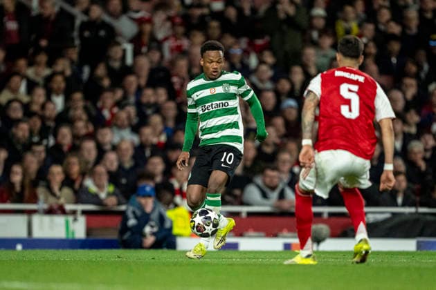 LONDON, ENGLAND - APRIL 15: Geny Catamo of Sporting CP controls the ball during a UEFA Champions League 2025-26 match between Arsenal and Sporting CP at Emirates Stadium on April 15, 2026 in London, England. (Photo by Pedro Loureiro Sports Press Photo)  Copyright: xPedroxLoureiro SportsxPressxPhotx Sportspressphoto_SPR130441