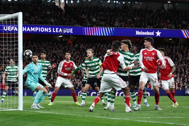 London, England, 15th April 2026. Rui Silva of Sporting Lisbon watches as a header from Leandro Trossard of Arsenal hits the post during the Arsenal vs Sporting Lisbon UEFA Champions League quarter final 2nd leg match at the Emirates Stadium, London. Picture credit should read: David Klein Sportimage EDITORIAL USE ONLY. No use with unauthorised audio, video, data, fixture lists, club league logos or live services. Online in-match use limited to 120 images, no video emulation. No use in betting, games or single club league player publications. SPI_058_DK_Arsenal_Sporting_Lisbon SPI-4686-0058