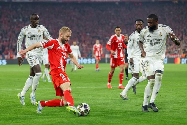 Konrad Laimer FC Bayern Muenchen, 27 with Antonio Ruediger Real Madrid CF, 22 and Ferland Mendy Real Madrid CF, 23 , GER, FC Bayern Muenchen vs Real Madrid CF, Football, UEFA Champions League, quarter-final, second leg, 2025 2026 season, 15 04 2026, GER, FC Bayern Muenchen vs Real Madrid CF, Football, UEFA Champions League, quarter-final, second leg, 2025 2026 season, 15 04 2026 Muenchen Copyright: xEibner-Pressefoto JennixMaulx EP_JML