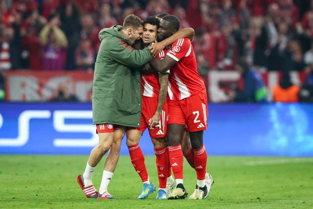Bayern Munich v Real Madrid, UEFA Champions League Bayern Munich forward Luis Diaz (14) scores a GOAL 3-3 and celebrates Bayern Munich defender Dayot Upamecano (2) during the Bayern Munich v Real Madrid UEFA Quarter-Final 2nd-Leg Champions League match at Allianz Arena, Munich, Germany on 15 April 2026 Credit: Ian Stephen Every Second Media Editorial use only. All images are copyright Every Second Media Limited. No images may be reproduced without prior permission. Copyright: xIMAGO EveryxSecondxMediax ESM-1914-0054 IanxStephenx xEveryxSecondxMediax