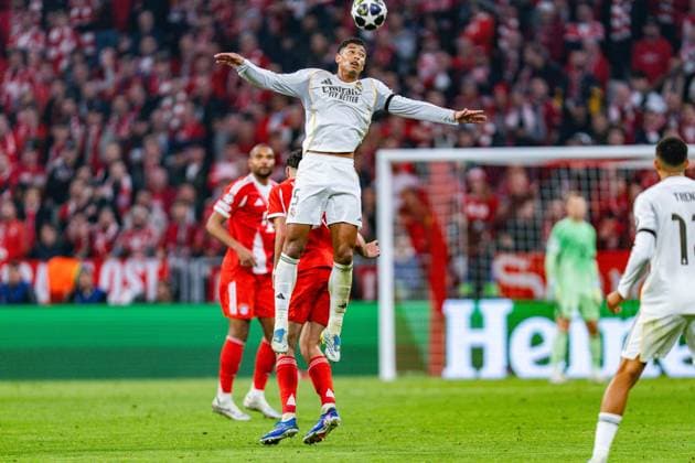 15 04 2026, FC Bayern München vs Real Madrid, UEFA Champions League, quarter-final second leg Jude Bellingham Real Madrid, 5 Regulations prohibit any use of photographs as image sequences and or quasi video Copyright: xBahhoxKarax