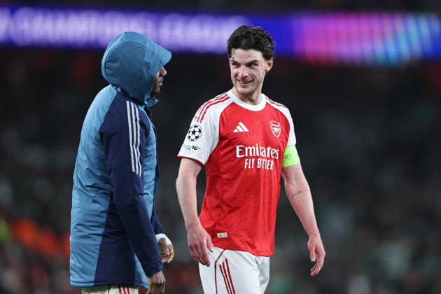 London, England, 15th April 2026. Declan Rice (R) of Arsenal after the Arsenal vs Sporting Lisbon UEFA Champions League quarter final 2nd leg match at the Emirates Stadium, London. Picture credit should read: David Klein Sportimage EDITORIAL USE ONLY. No use with unauthorised audio, video, data, fixture lists, club league logos or live services. Online in-match use limited to 120 images, no video emulation. No use in betting, games or single club league player publications. SPI_066_DK_Arsenal_Sporting_Lisbon SPI-4686-0066