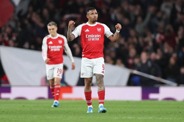 London, England, 15th April 2026. Gabriel Jesus of Arsenal celebrates at full time during the Arsenal vs Sporting Lisbon UEFA Champions League quarter final 2nd leg match at the Emirates Stadium, London. Picture credit should read: David Klein Sportimage EDITORIAL USE ONLY. No use with unauthorised audio, video, data, fixture lists, club league logos or live services. Online in-match use limited to 120 images, no video emulation. No use in betting, games or single club league player publications. SPI_068_DK_Arsenal_Sporting_Lisbon SPI-4686-0068