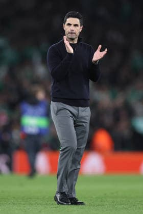 London, England, 15th April 2026. Mikel Arteta manager of Arsenal applauds the fans after the Arsenal vs Sporting Lisbon UEFA Champions League quarter final 2nd leg match at the Emirates Stadium, London. Picture credit should read: David Klein Sportimage EDITORIAL USE ONLY. No use with unauthorised audio, video, data, fixture lists, club league logos or live services. Online in-match use limited to 120 images, no video emulation. No use in betting, games or single club league player publications. SPI_070_DK_Arsenal_Sporting_Lisbon SPI-4686-0070