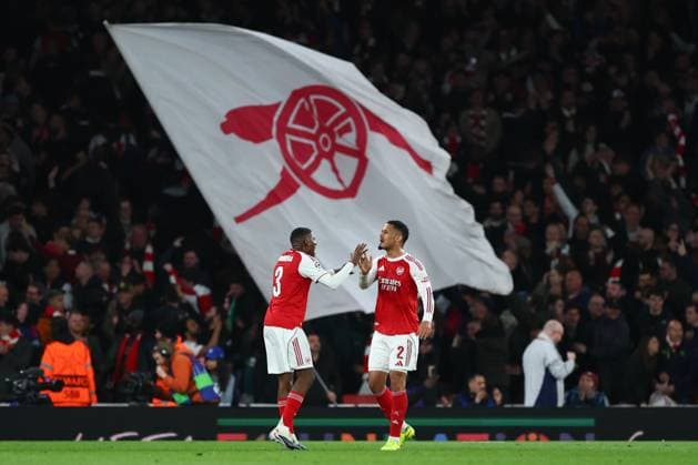 Cristhian Mosquera of Arsenal and William Saliba of Arsenal at full time Arsenal v Sporting, UEFA Champions League, Quarter Final, Second Leg, Football, Emirates Stadium, London, UK - 15 Apr 2026London Emirates Stadium United Kingdom EDITORIAL USE ONLY No use with unauthorised audio, video, data, fixture lists, club league logos or live services. Online in-match use limited to 120 images, no video emulation. No use in betting, games or single club league player publications.  Copyright: xSimonxDael Shutterstockx 16828544bj