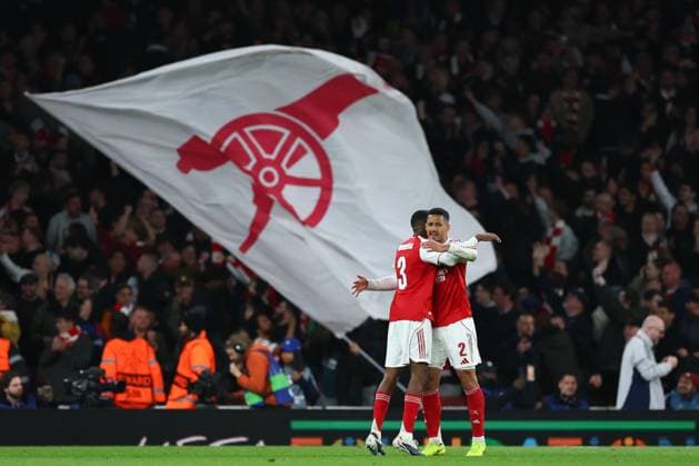 Cristhian Mosquera of Arsenal and William Saliba of Arsenal at full time Arsenal v Sporting, UEFA Champions League, Quarter Final, Second Leg, Football, Emirates Stadium, London, UK - 15 Apr 2026London Emirates Stadium United Kingdom EDITORIAL USE ONLY No use with unauthorised audio, video, data, fixture lists, club league logos or live services. Online in-match use limited to 120 images, no video emulation. No use in betting, games or single club league player publications.  Copyright: xSimonxDael Shutterstockx 16828544bk