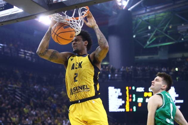 FIBA Basketball Champions League, AEK BC vs Asisa Joventut Quarter Finals - Greg Brown III of AEK BC in action during the FIBA Basketball Champions League Quarter Finals Game 3 basketball match between AEK BC vs Asisa Joventut in Athens, Greece, 15 April 2026. IMAGO ONE INCH PRODUCTIONS ATHENS Greece Copyright: xOnexInchxProductionsx 6934729