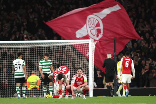 Relief for Arsenal at the final whistle at the Arsenal v Sporting Club Portugal UEFA Champions League match, at the Emirates Stadium, London, UK on 15th April, 2026. 