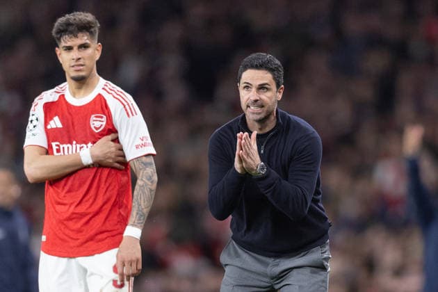 Arsenal FC v Sporting CP, UEFA Champions League, Quarter-final, Leg 2 of 2, Football, Emirates Stadium, London, UK - 15 Apr 2026 Arsenal Manager Mikel Arteta reacts and has his hands in a praying position London Emirates Stadium Highbury GBR, UK NEWSPAPERS OUT Copyright: xEllixBirchx