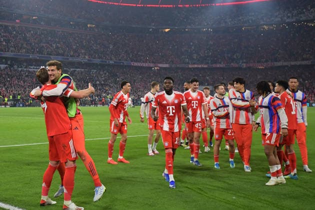 15 04 2026, xemx, Football UEFA Champions League, FC Bayern Muenchen Real Madrid v l jubilation, joy about the victory DFL DFB REGULATIONS PROHIBIT ANY USE OF PHOTOGRAPHS as IMAGE SEQUENCES and or QUASI VIDEO Muenchen