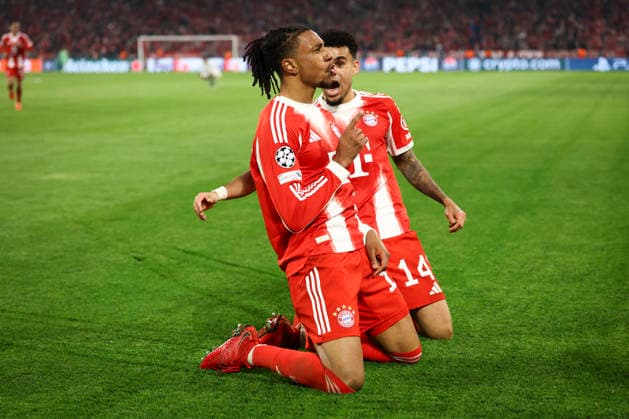 Bayern Munich v Real Madrid, UEFA Champions League Bayern Munich forward Michael Olise (17) scores a GOAL 4-3 and celebrates with Bayern Munich forward Luis Diaz (14) during the Bayern Munich v Real Madrid UEFA Quarter-Final 2nd-Leg Champions League match at Allianz Arena, Munich, Germany on 15 April 2026 Credit: Ian Stephen Every Second Media Editorial use only. All images are copyright Every Second Media Limited. No images may be reproduced without prior permission. Copyright: xIMAGO EveryxSecondxMediax ESM-1914-0065 IanxStephenx xEveryxSecondxMediax