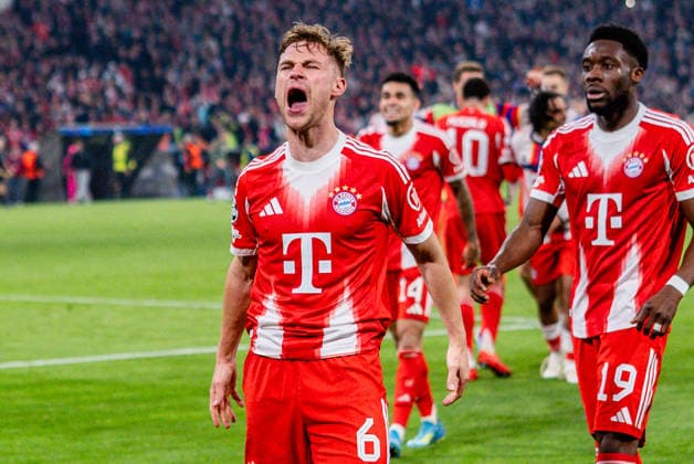 15 04 2026, FC Bayern München vs Real Madrid, UEFA Champions League, quarter-final second leg Joshua Kimmich FC Bayern Muenchen, 6 cheers for the goal to 4 3 Regulations prohibit any use of photographs as image sequences and or quasi video Copyright: xBahhoxKarax