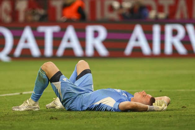 Goalkeeper Andriy Lunin Real Madrid C F looks dejected during the UEFA Champions League 2025 26 Quarter Final Second Leg match between FC Bayern Munich and Real Madrid CF at Football Arena Munich on April 15, 2026 in Munich, Germany Photo by Oliver Kaelke DeFodi Images