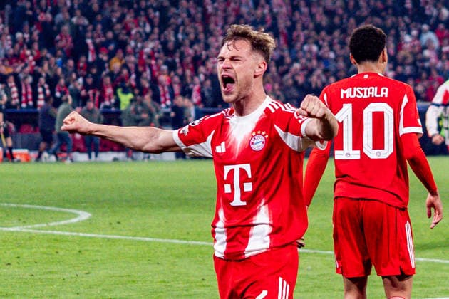15 04 2026, FC Bayern München vs Real Madrid, UEFA Champions League, quarter-final second leg Joshua Kimmich FC Bayern Muenchen, 6 Celebrating the goal to 4 3 here with Michael Olise FC Bayern Muenchen, 17 Regulations prohibit any use of photographs as image sequences and or quasi video Copyright: xBahhoxKarax