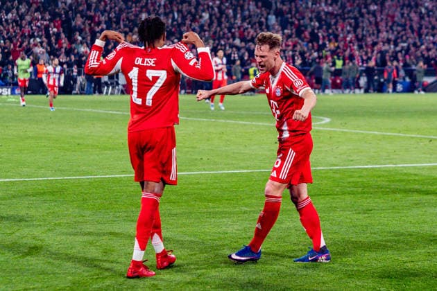 15 04 2026, FC Bayern München vs Real Madrid, UEFA Champions League, quarter-final second leg Joshua Kimmich FC Bayern Muenchen, 6 Celebrating the goal to 4 3 here with Michael Olise FC Bayern Muenchen, 17 Regulations prohibit any use of photographs as image sequences and or quasi video Copyright: xBahhoxKarax