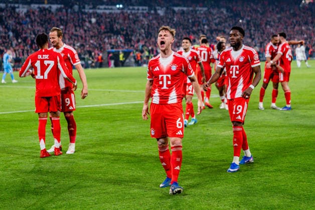 15 04 2026, FC Bayern München vs Real Madrid, UEFA Champions League, quarter-final second leg Joshua Kimmich FC Bayern Muenchen, 6 cheers for the goal to 4 3 Regulations prohibit any use of photographs as image sequences and or quasi video Copyright: xBahhoxKarax