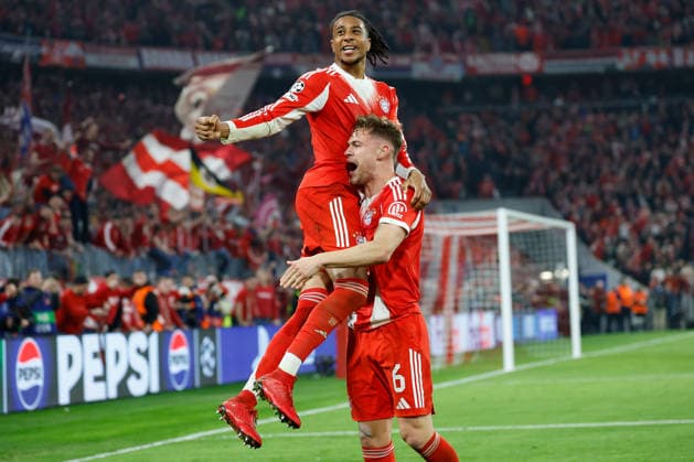 15.04.2026, xjrdrx, Fussball UEFA Champions League, FC Bayern Muenchen - Real Madrid v.l. Torjubel nach dem Tor zum celebrating the goal celebrate 4:3 durch Michael Olise (FC Bayern Muenchen) mit Joshua Kimmich (FC Bayern Muenchen) (DFL DFB REGULATIONS PROHIBIT ANY USE OF PHOTOGRAPHS as IMAGE SEQUENCES and or QUASI-VIDEO) Muenchen *** 15 04 2026, xjrdrx, Football UEFA Champions League, FC Bayern Muenchen Real Madrid v l Torjubel nach dem Tor zum celebrating the goal celebrate 4 3 durch Michael Olise FC Bayern Muenchen mit Joshua Kimmich FC Bayern Muenchen DFL DFB REGULATIONS PROHIBIT ANY USE OF PHOTOGRAPHS as IMAGE SEQUENCES and or QUASI VIDEO Muenchen