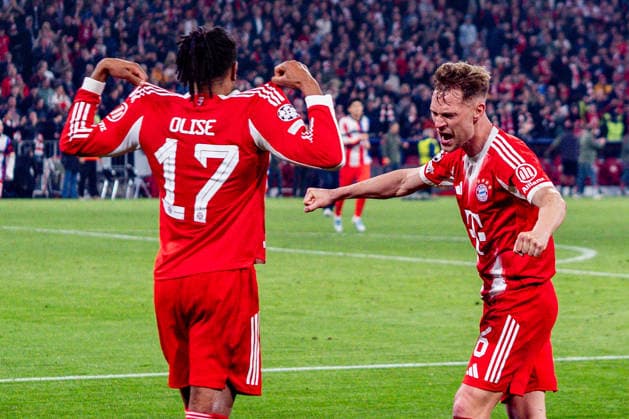 15 04 2026, FC Bayern München vs Real Madrid, UEFA Champions League, quarter-final second leg Joshua Kimmich FC Bayern Muenchen, 6 Celebrating the goal to 4 3 here with Michael Olise FC Bayern Muenchen, 17 Regulations prohibit any use of photographs as image sequences and or quasi video Copyright: xBahhoxKarax