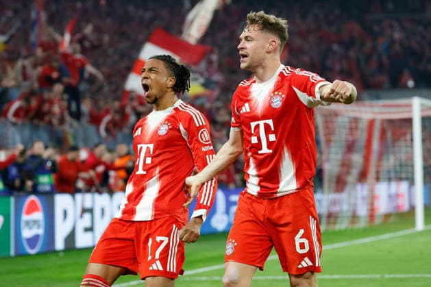 15 04 2026, xjrdrx, Football UEFA Champions League, FC Bayern Muenchen Real Madrid v l Torjubel nach dem Tor zum celebrating the goal celebrate 4 3 durch Michael Olise FC Bayern Muenchen mit Joshua Kimmich FC Bayern Muenchen DFL DFB REGULATIONS PROHIBIT ANY USE OF PHOTOGRAPHS as IMAGE SEQUENCES and or QUASI VIDEO Muenchen