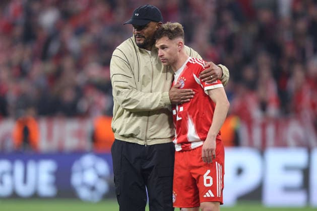 Soccer UEFA Champions League quarter-final second leg FC Bayern Munich Real Madrid on 15 04 2026 at the Allianz Arena in Munich Vincent Kompany coach head coach Munich , left Joshua Kimmich Munich , right xJRx