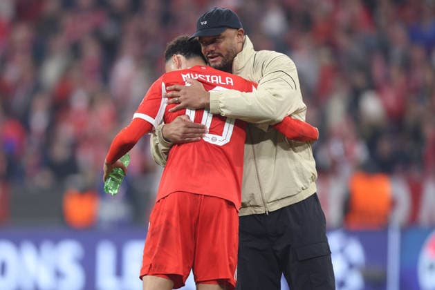 Soccer UEFA Champions League quarter-final second leg FC Bayern Munich Real Madrid on 15 04 2026 at the Allianz Arena in Munich Jamal Musiala Munich , front Vincent Kompany coach head coach Munich , back xJRx