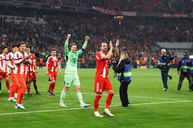 Bayern Munich v Real Madrid, UEFA Champions League Bayern Munich forward Harry Kane (9) celebrates winning 4-3 during the Bayern Munich v Real Madrid UEFA Quarter-Final 2nd-Leg Champions League match at Allianz Arena, Munich, Germany on 15 April 2026 Credit: Ian Stephen Every Second Media Editorial use only. All images are copyright Every Second Media Limited. No images may be reproduced without prior permission. Copyright: xIMAGO EveryxSecondxMediax ESM-1914-0070 IanxStephenx xEveryxSecondxMediax