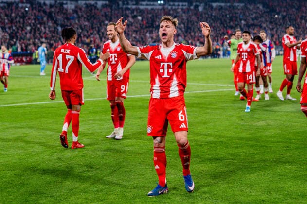 15 04 2026, FC Bayern München vs Real Madrid, UEFA Champions League, quarter-final second leg Joshua Kimmich FC Bayern Muenchen, 6 cheers for the goal to 4 3 Regulations prohibit any use of photographs as image sequences and or quasi video Copyright: xBahhoxKarax