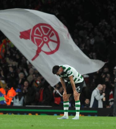 Football - 2025 2026 UEFA Champions League - Quarter-Final, Second Leg: Arsenal (1) vs. Sporting Lisbon (0) - Emirates Stadium - Wednesday 15th April 2026 A dejected Goncalo Inacio of Sporting Lisbon at the final whistle 