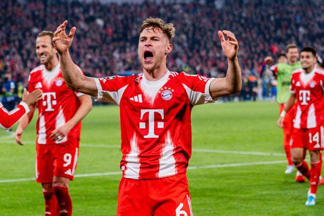 15 04 2026, FC Bayern München vs Real Madrid, UEFA Champions League, quarter-final second leg Joshua Kimmich FC Bayern Muenchen, 6 cheers for the goal to 4 3 Regulations prohibit any use of photographs as image sequences and or quasi video Copyright: xBahhoxKarax