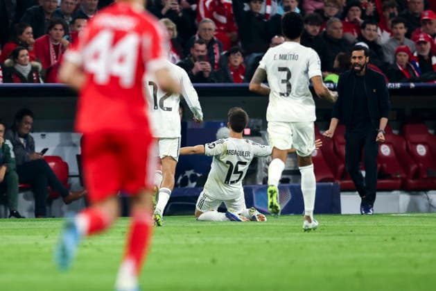 Arda Guler celebrating after scoring a goal during UEFA Champions League quarterfinal game between teams of FC Bayern Munich and Real Madrid CF at Allianz Arena Germany (Grzegorz Wajda Ball Raw Images) Munich Allianz Arena Germany Copyright: xGrzegorzxWajdax grzegorzwajda_uclquarterfinalbayernreal2526__360