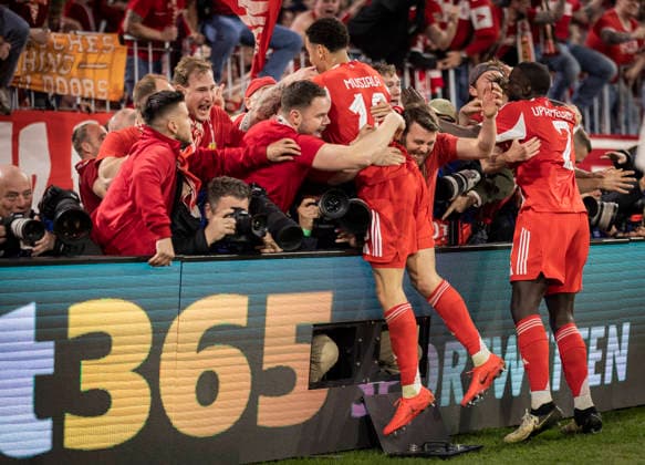 Munich, Germany 15th Apr 2026 Goal celebration Jamal Musiala FCB Dayot Upamecano FCB with Fans FC Bayern München Real Madrid 15 04 2026