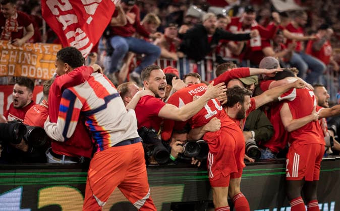 Munich, Germany 15th Apr 2026 Goal celebration Jamal Musiala FCB Dayot Upamecano FCB with Fans FC Bayern München Real Madrid 15 04 2026
