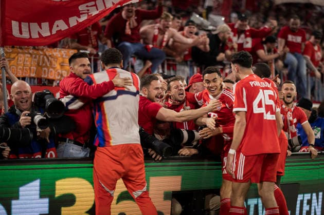 Munich, Germany 15th Apr 2026 Goal celebration Jamal Musiala FCB Dayot Upamecano FCB Aleksandar Pavlovic FCB with Fans FC Bayern Munich Real Madrid 15 04 2026