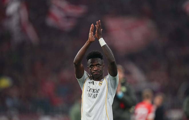 Vinicius Junior Real Madrid with post game despair during Bayern Munich and Real Madrid, UEFA Champions league Quarter Final UEFA Champions League, at Allianz Arena, Munich, Germany on April 15, 2026 Thor Wegner DeFodi Images Photo by DeFodi Images