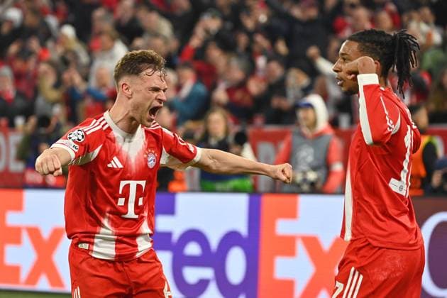 Final cheer Joshua KIMMICH Bayern Muenchen with Michael OLISE Bayern Muenchen jubilation,joy,enthusiasm,action Football Champions League,season 2025 26, quarter-final FC Bayern Muenchen Real Madrid on 15 04 2026 A L L I A N Z A R E N A