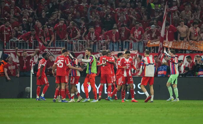 Harry Kane Bayern Munich celebrate during Bayern Munich and Real Madrid, UEFA Champions league Quarter Final UEFA Champions League, at Allianz Arena, Munich, Germany on April 15, 2026 Thor Wegner DeFodi Images Photo by DeFodi Images