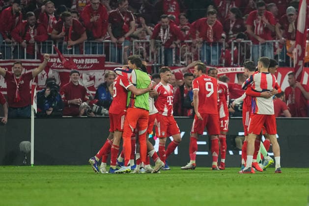 Harry Kane Bayern Munich celebrate during Bayern Munich and Real Madrid, UEFA Champions league Quarter Final UEFA Champions League, at Allianz Arena, Munich, Germany on April 15, 2026 Thor Wegner DeFodi Images Photo by DeFodi Images