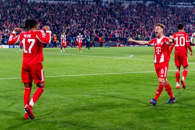 15 04 2026, FC Bayern München vs Real Madrid, UEFA Champions League, quarter-final second leg Joshua Kimmich FC Bayern Muenchen, 6 Celebrating the goal to 4 3 here with Michael Olise FC Bayern Muenchen, 17 Regulations prohibit any use of photographs as image sequences and or quasi video Copyright: xBahhoxKarax