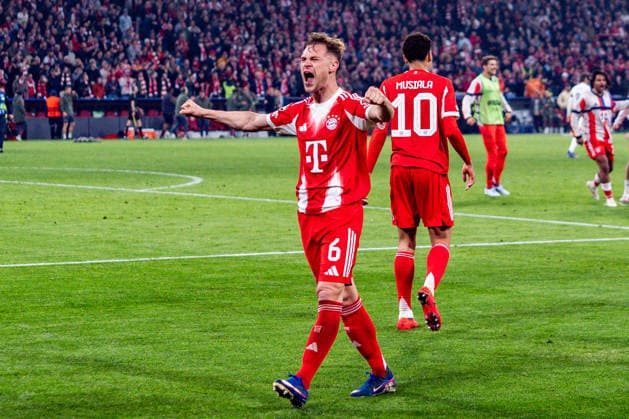 15 04 2026, FC Bayern München vs Real Madrid, UEFA Champions League, quarter-final second leg Joshua Kimmich FC Bayern Muenchen, 6 Celebrating the goal to 4 3 here with Michael Olise FC Bayern Muenchen, 17 Regulations prohibit any use of photographs as image sequences and or quasi video Copyright: xBahhoxKarax