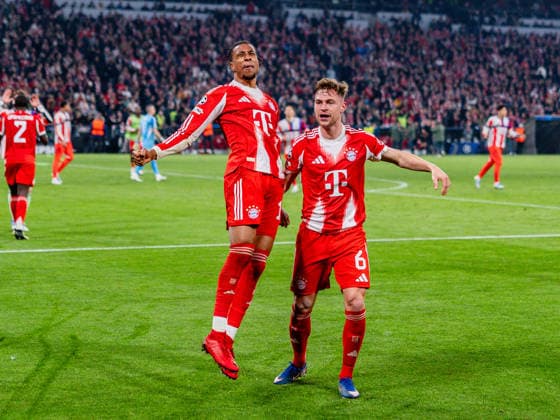 15 04 2026, FC Bayern München vs Real Madrid, UEFA Champions League, quarter-final second leg Joshua Kimmich FC Bayern Muenchen, 6 Celebrating the goal to 4 3 here with Michael Olise FC Bayern Muenchen, 17 Regulations prohibit any use of photographs as image sequences and or quasi video Copyright: xBahhoxKarax